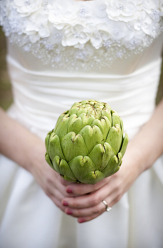 bride with artichoke bouquet